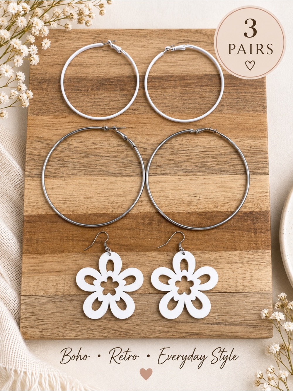 3 Pair Earrings Bundle Silver Hoop White Flower Boho Retro Y2K
